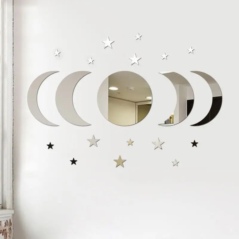 Ster Maan Muursticker Set - Zilver spiegelend - Voor woon en Slaapkamers - 20 Stuks