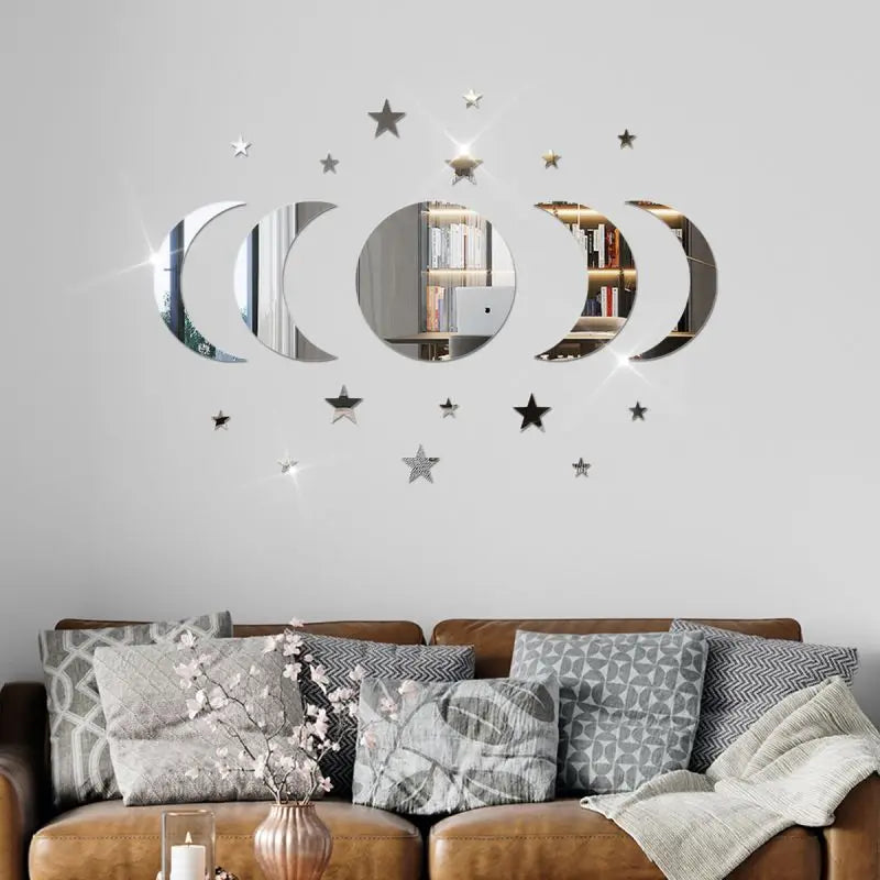 Ster Maan Muursticker Set - Zilver spiegelend - Voor woon en Slaapkamers - 20 Stuks