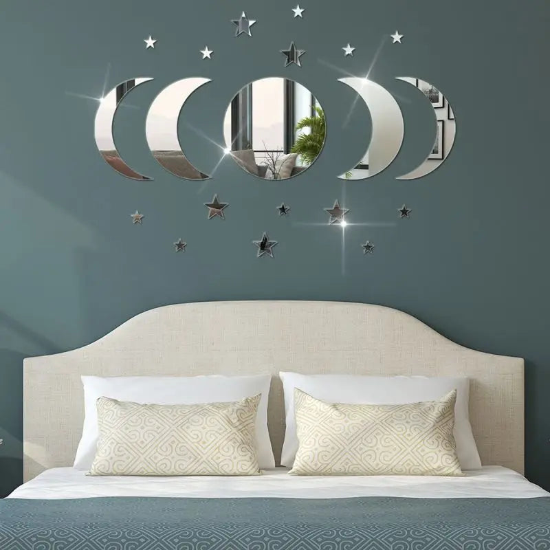 Ster Maan Muursticker Set - Zilver spiegelend - Voor woon en Slaapkamers - 20 Stuks