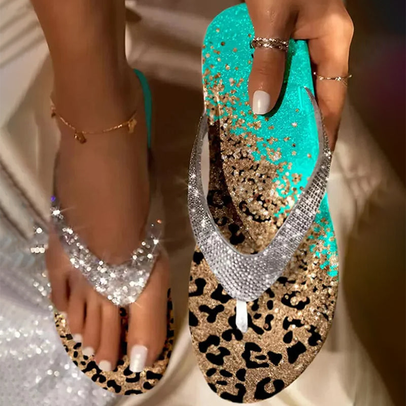 Strand Slippers - GlamStride - Strass Details - Luipaardzool