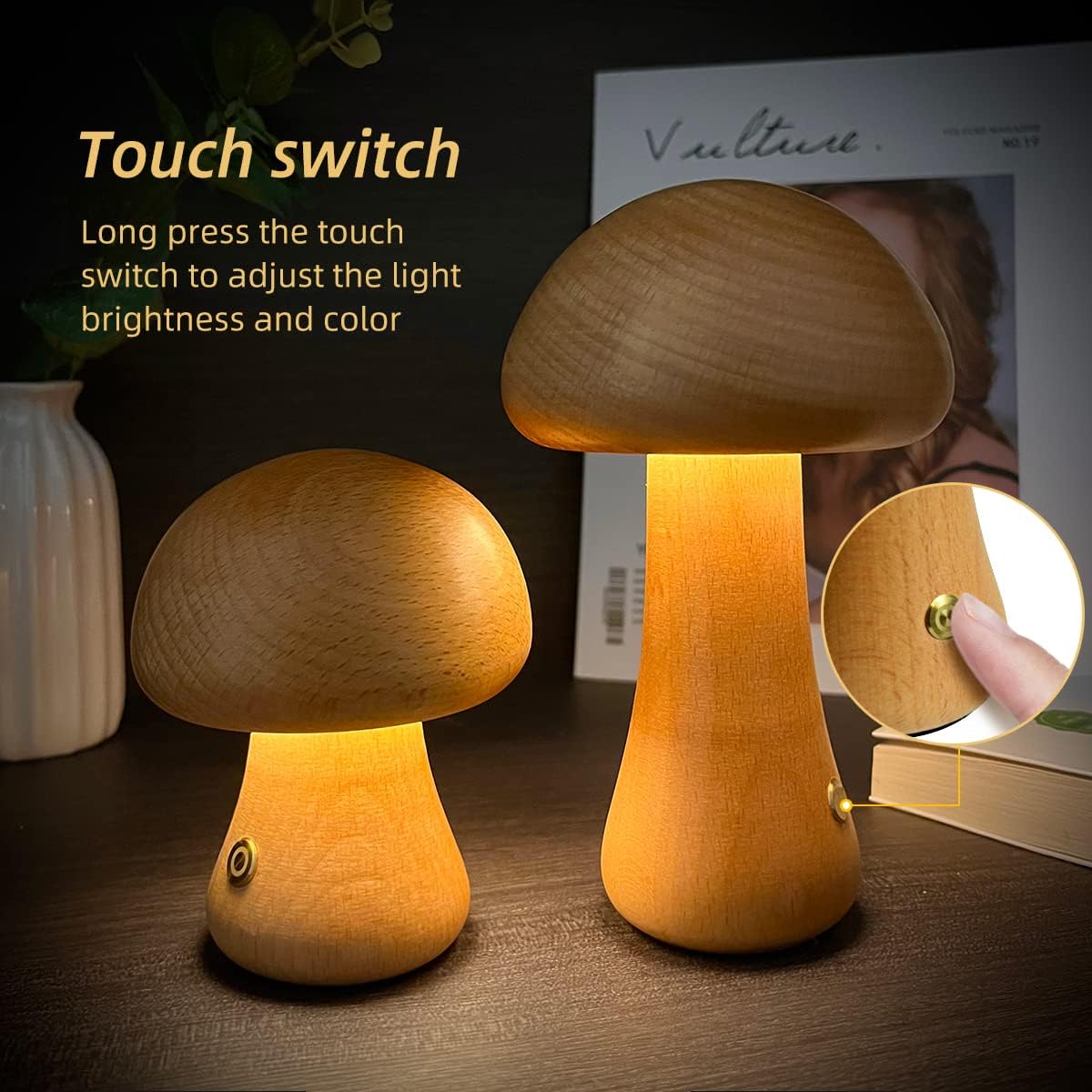 Nachtlamp - DreamShroom - Houten Paddenstoel - LED Touch Schakelaar