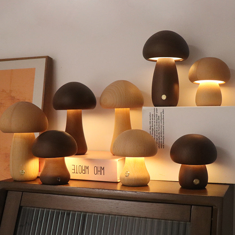 Nachtlamp - DreamShroom - Houten Paddenstoel - LED Touch Schakelaar