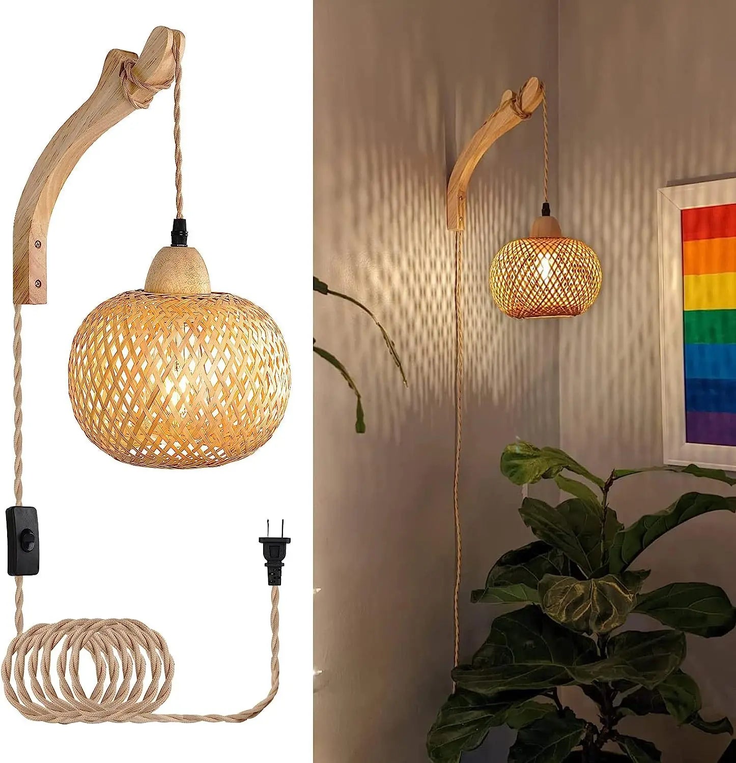 Handgeweven Bamboe Wandlamp - Natuurlijk Rotan - Muurlamp - LED Verlichting - Boho stijl