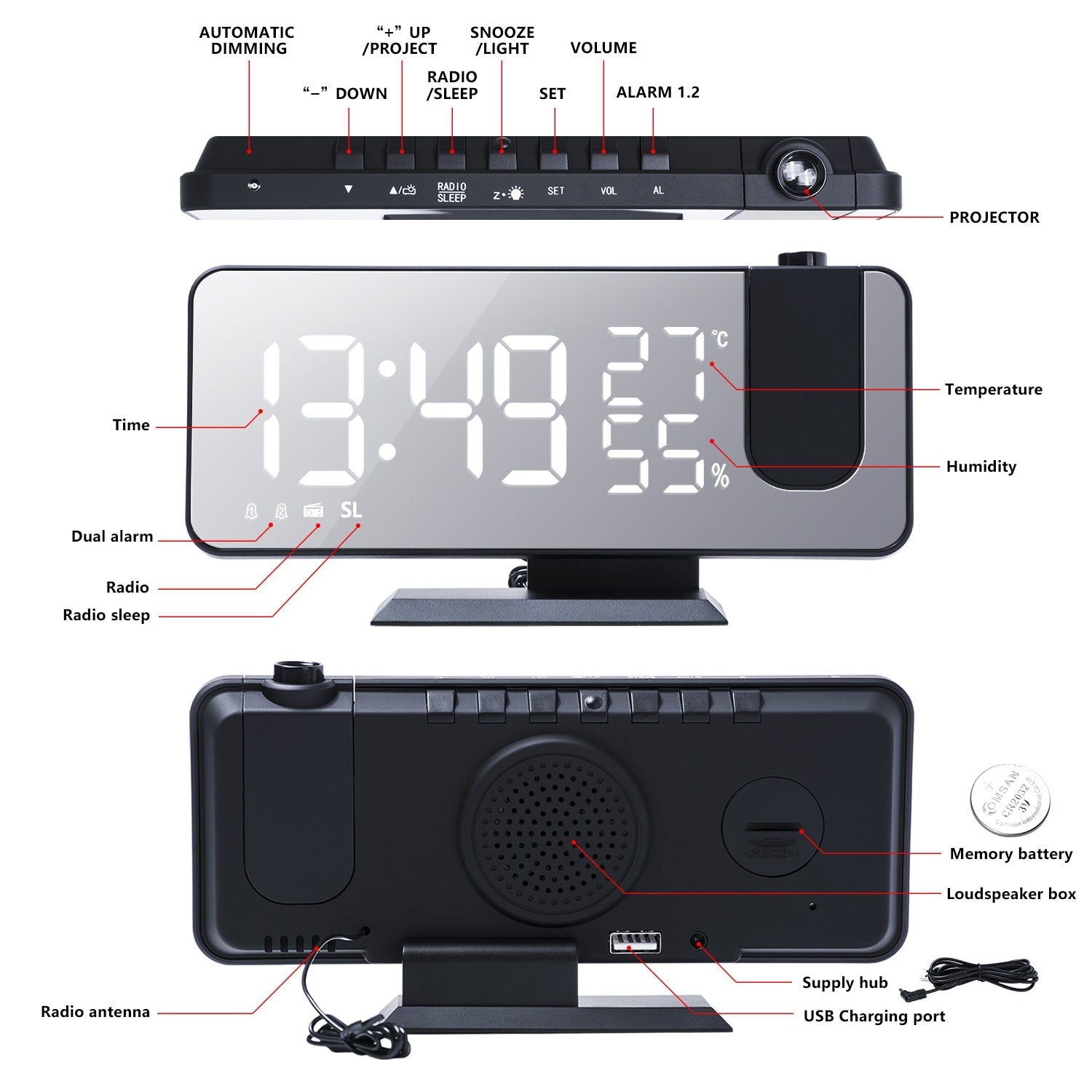 Alarmklok - LumiPro - LED Scherm - USB Oplader