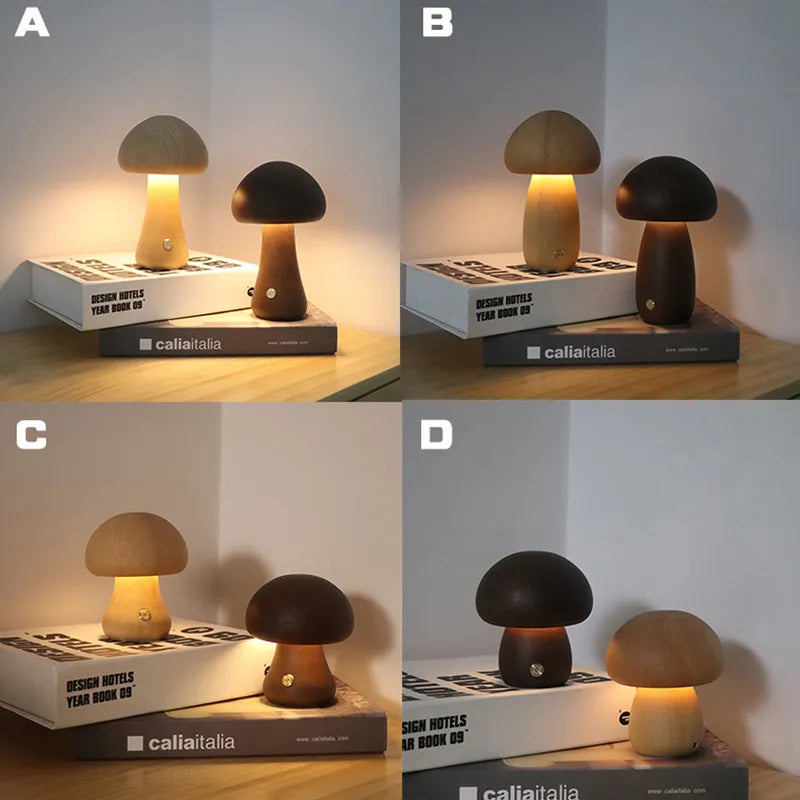 LED paddestoel nachtlampje - Touch - instelbare helderheid - notenhout/beukenhout