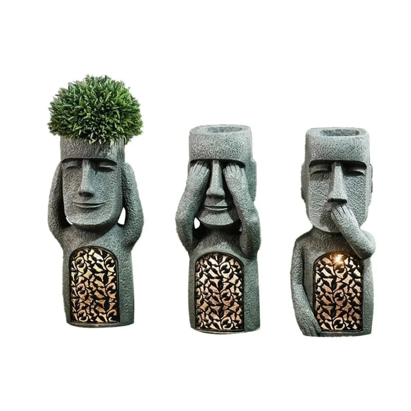 Easter Island Beeld Bloempot - LED Verlichting - Voor Buiten - Tuindecoratie