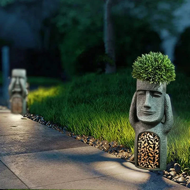 Easter Island Beeld Bloempot - LED Verlichting - Voor Buiten - Tuindecoratie