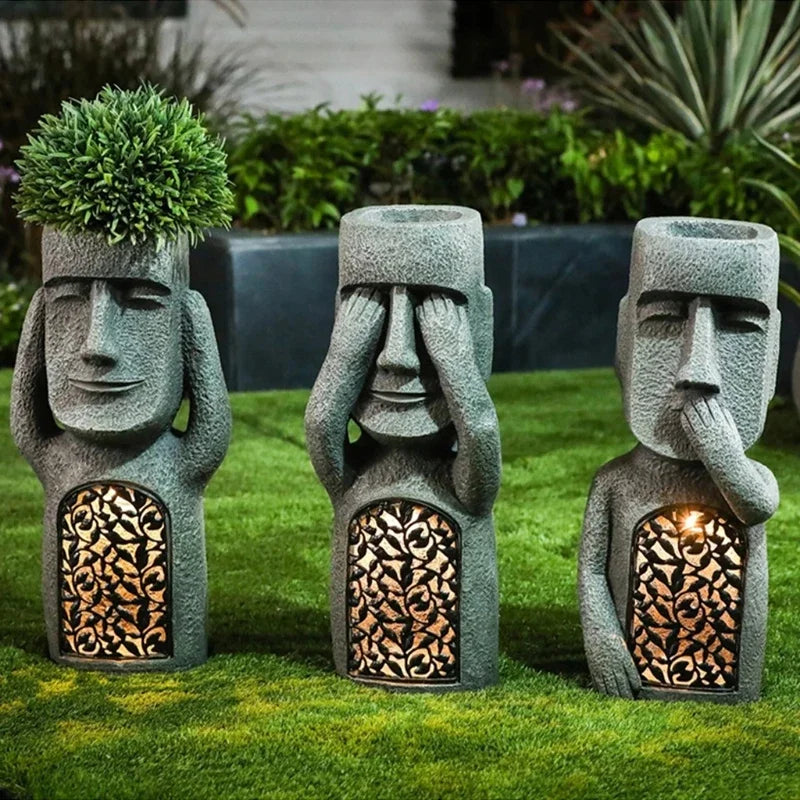 Easter Island Beeld Bloempot - LED Verlichting - Voor Buiten - Tuindecoratie