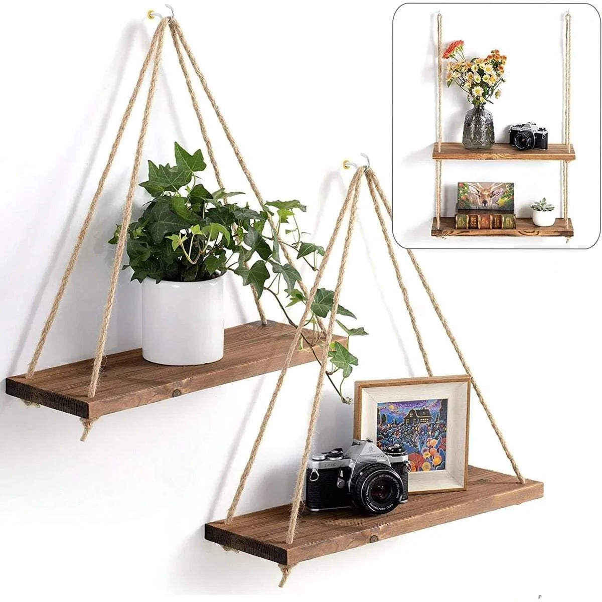 Houten schommel wandplank | Leuke naturel tuindecoratie voor planten en foto's