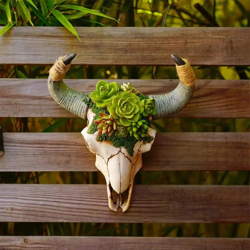 Muurdecoratie - Stieren Schedel - Western Stijl - Hars met Vetplanten