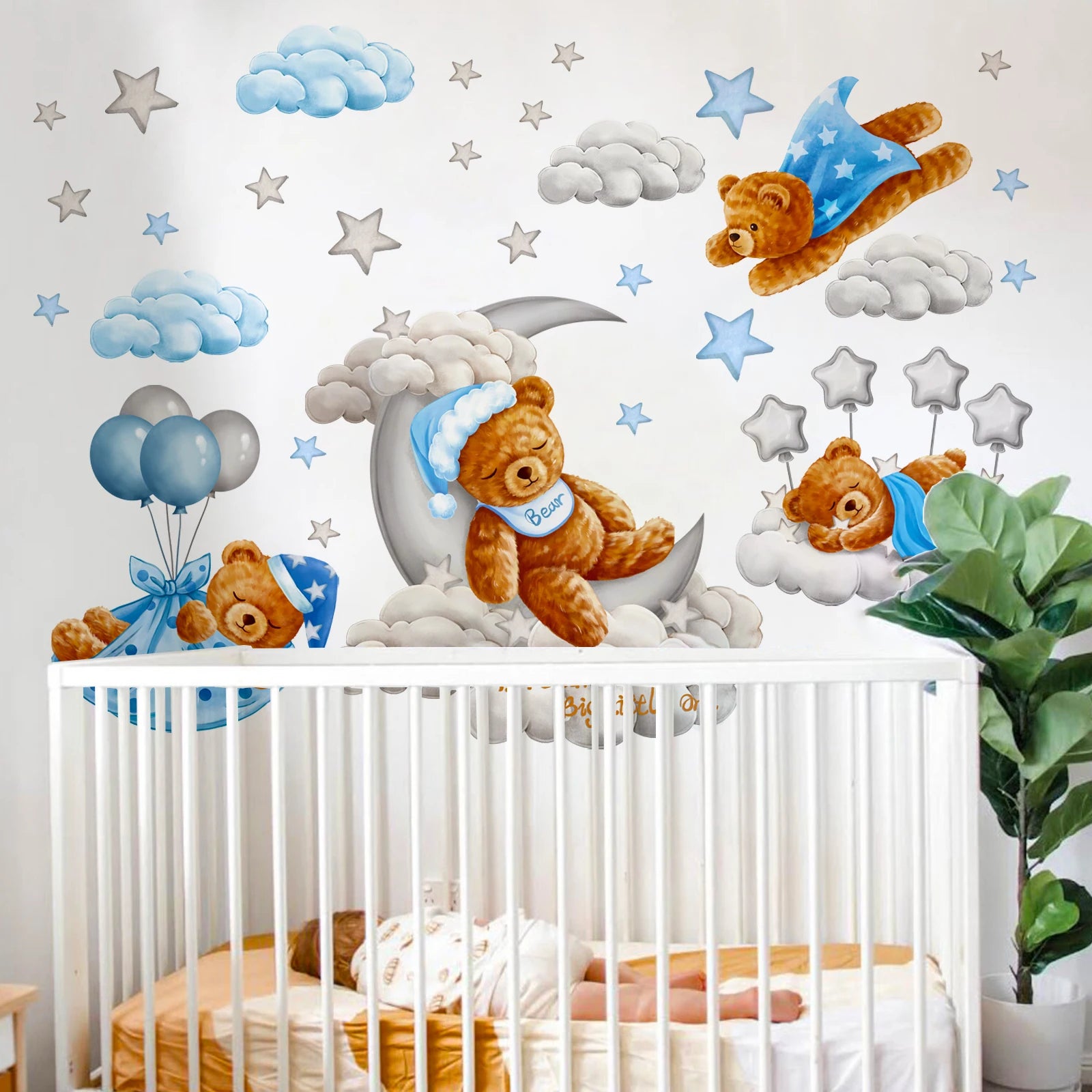 Muursticker - Teddybeer - Voor Babykamer - Sterren en Maan - Muurdecoratie