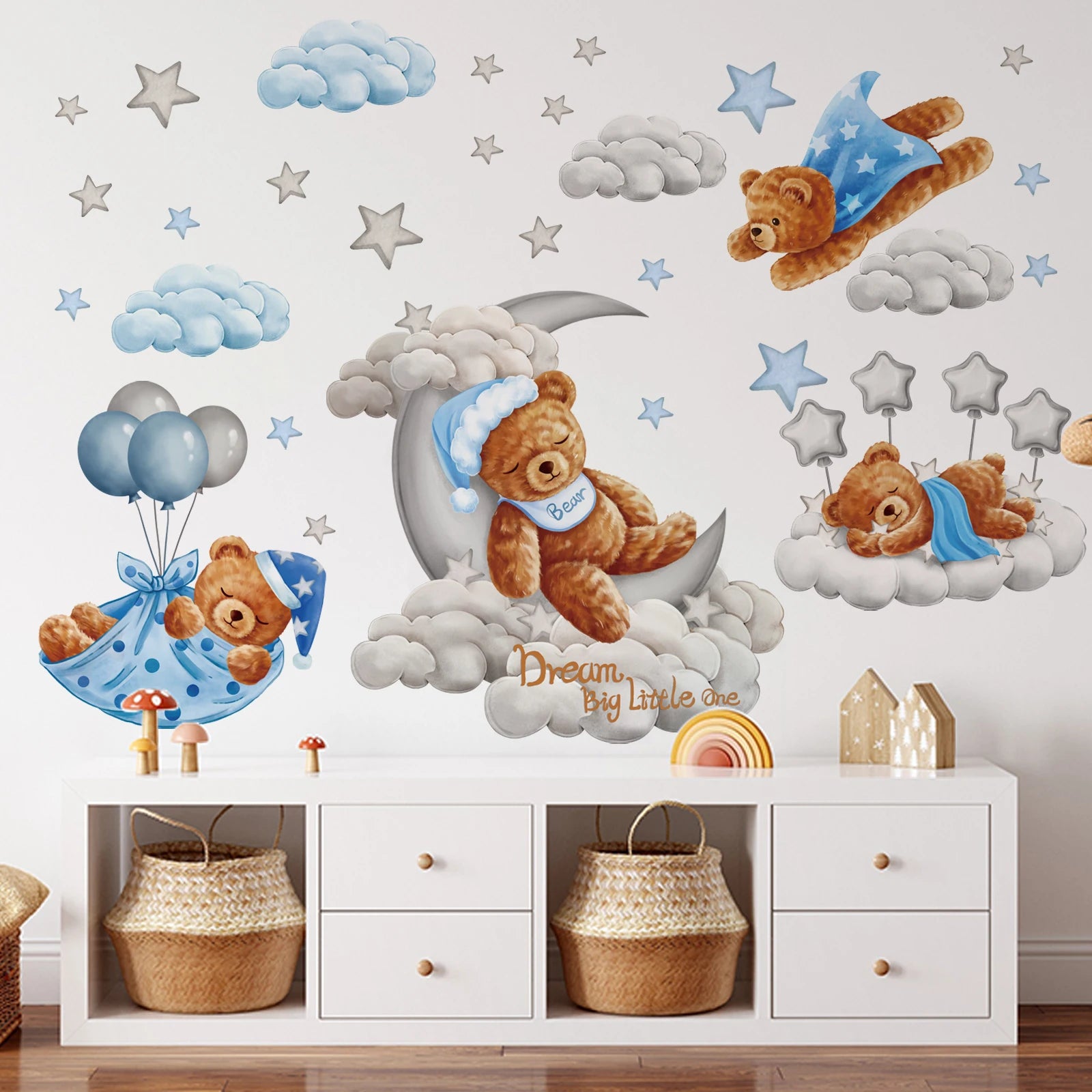 Muursticker - Teddybeer - Voor Babykamer - Sterren en Maan - Muurdecoratie