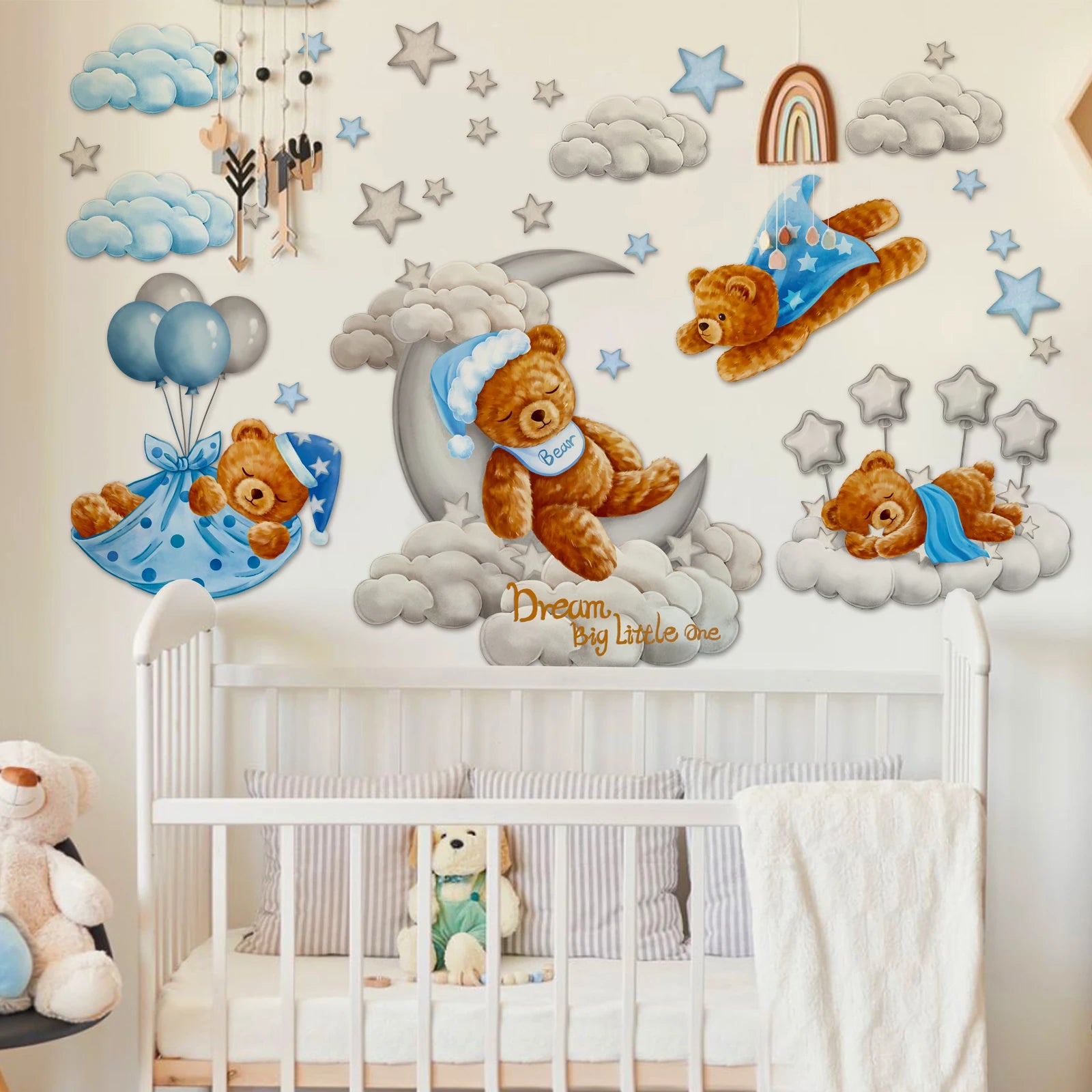 Muursticker - Teddybeer - Voor Babykamer - Sterren en Maan - Muurdecoratie