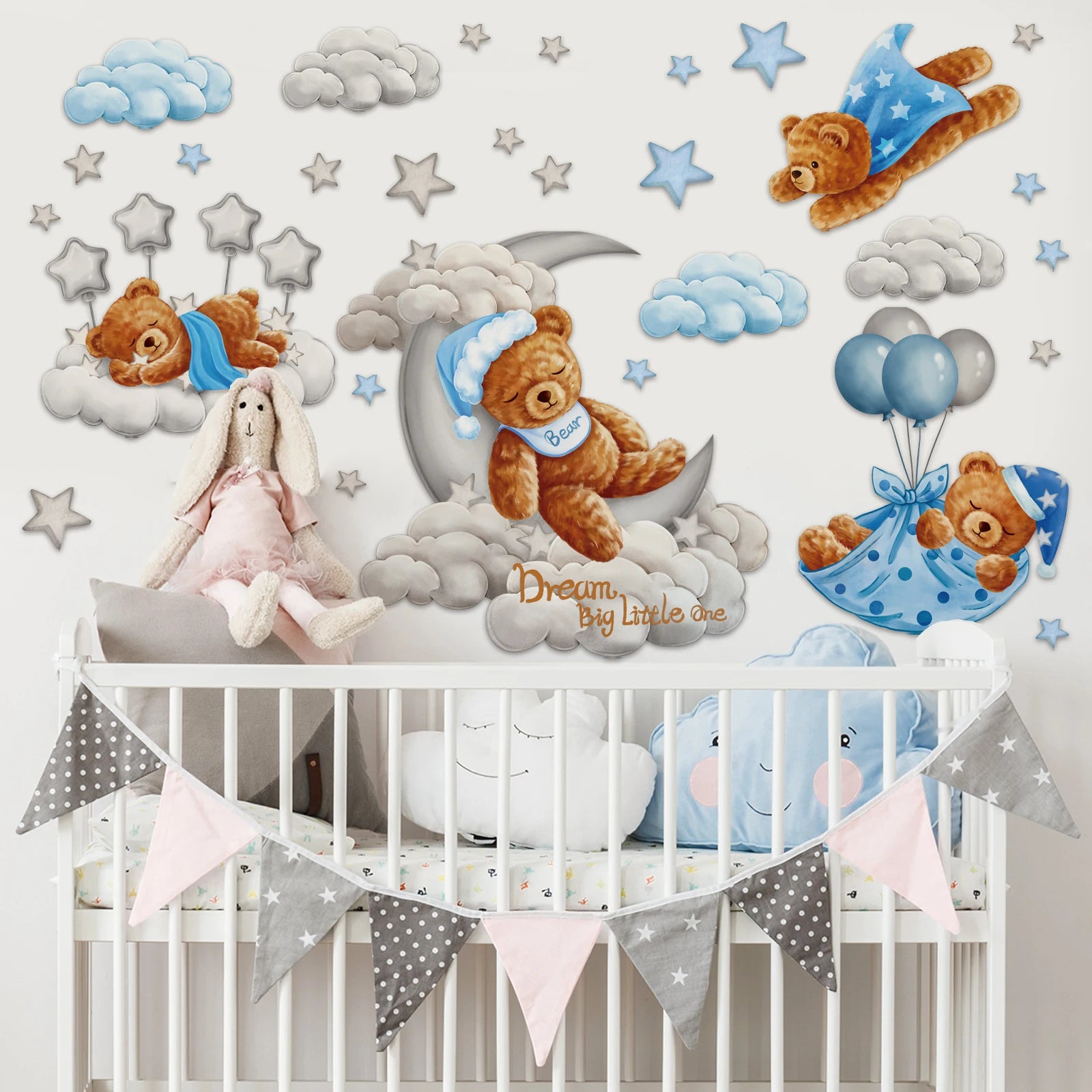 Muursticker - Teddybeer - Voor Babykamer - Sterren en Maan - Muurdecoratie